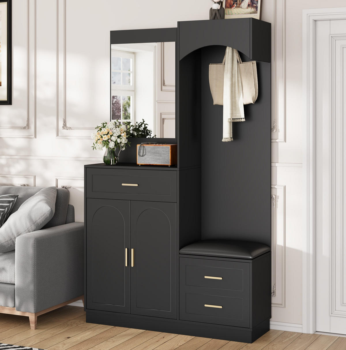 GARDEROBENSCHRANK 110/33/185,5 cm mit Schuhschrank, Spiegel, Sitzbank und verstellbaren Böden aus MDF, Schwarz - Schwarz, Holzwerkstoff (110/185.5/33cm) - Redom