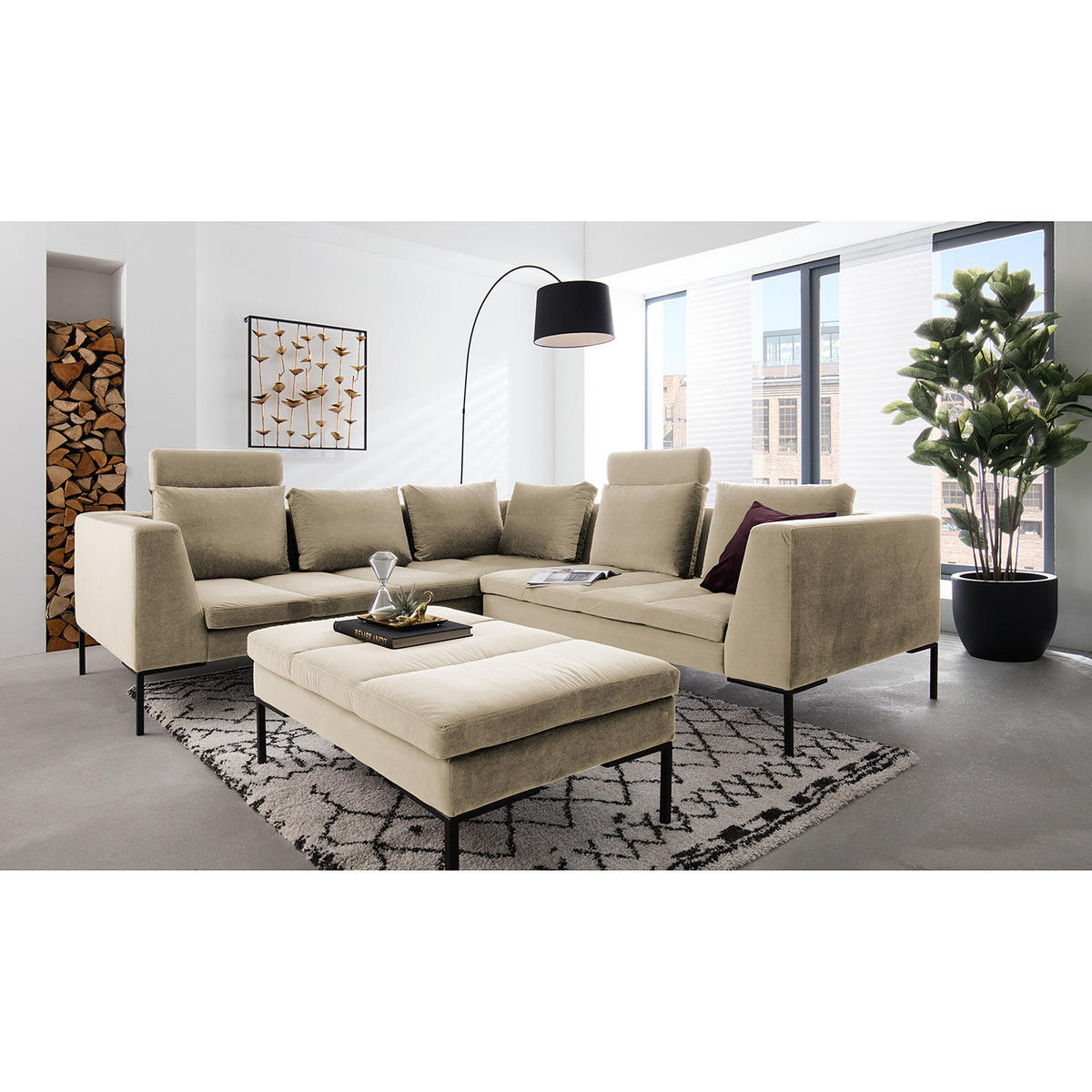 ECKSOFA mit Rundecke L - Samt - Chromfarben/Beige, Textil/Metall (255/238cm) - home24