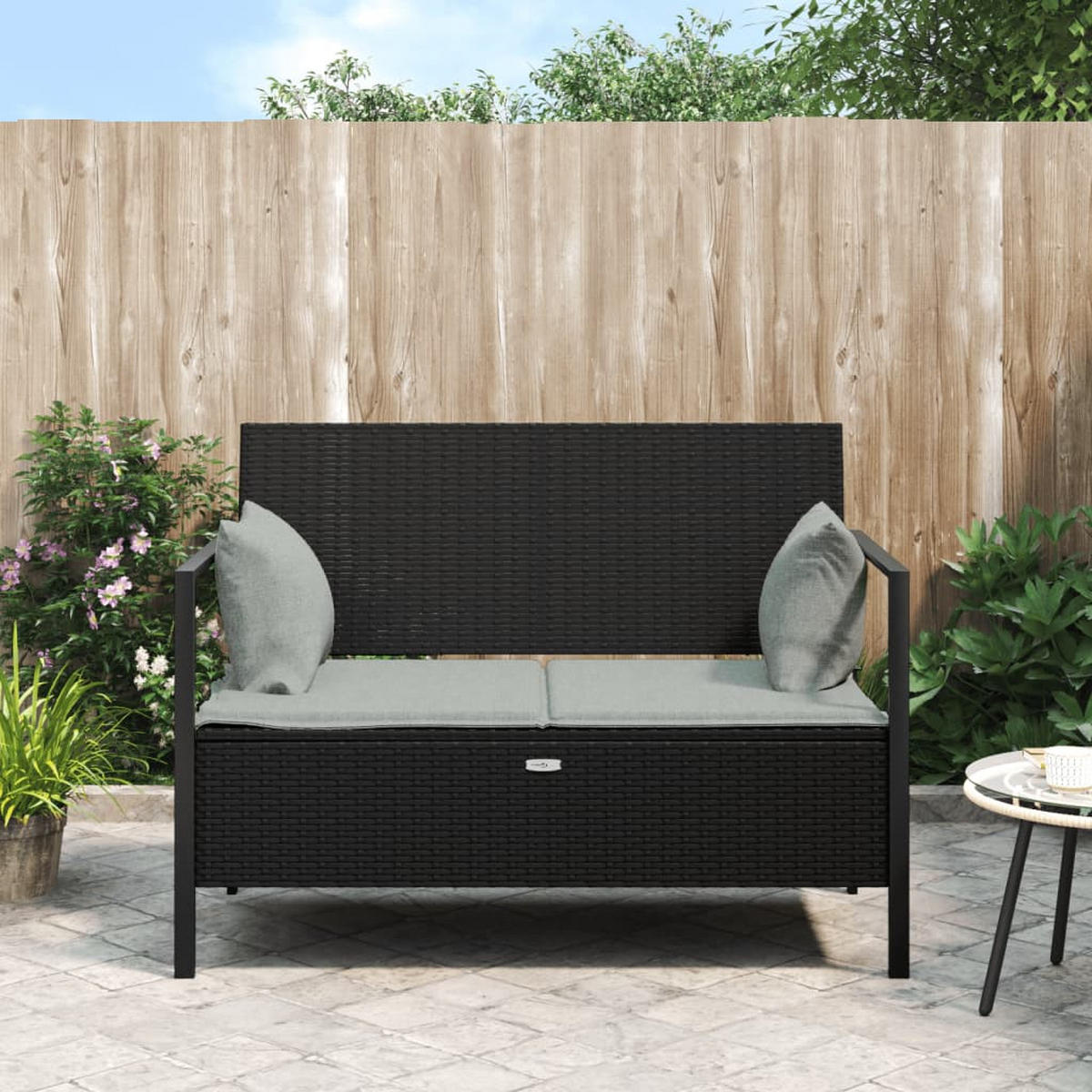GARTENBANK 2-Sitzer mit Kissen Schwarz Poly Rattan - Schwarz, Kunststoff (112/82.5/59cm) - furnicato