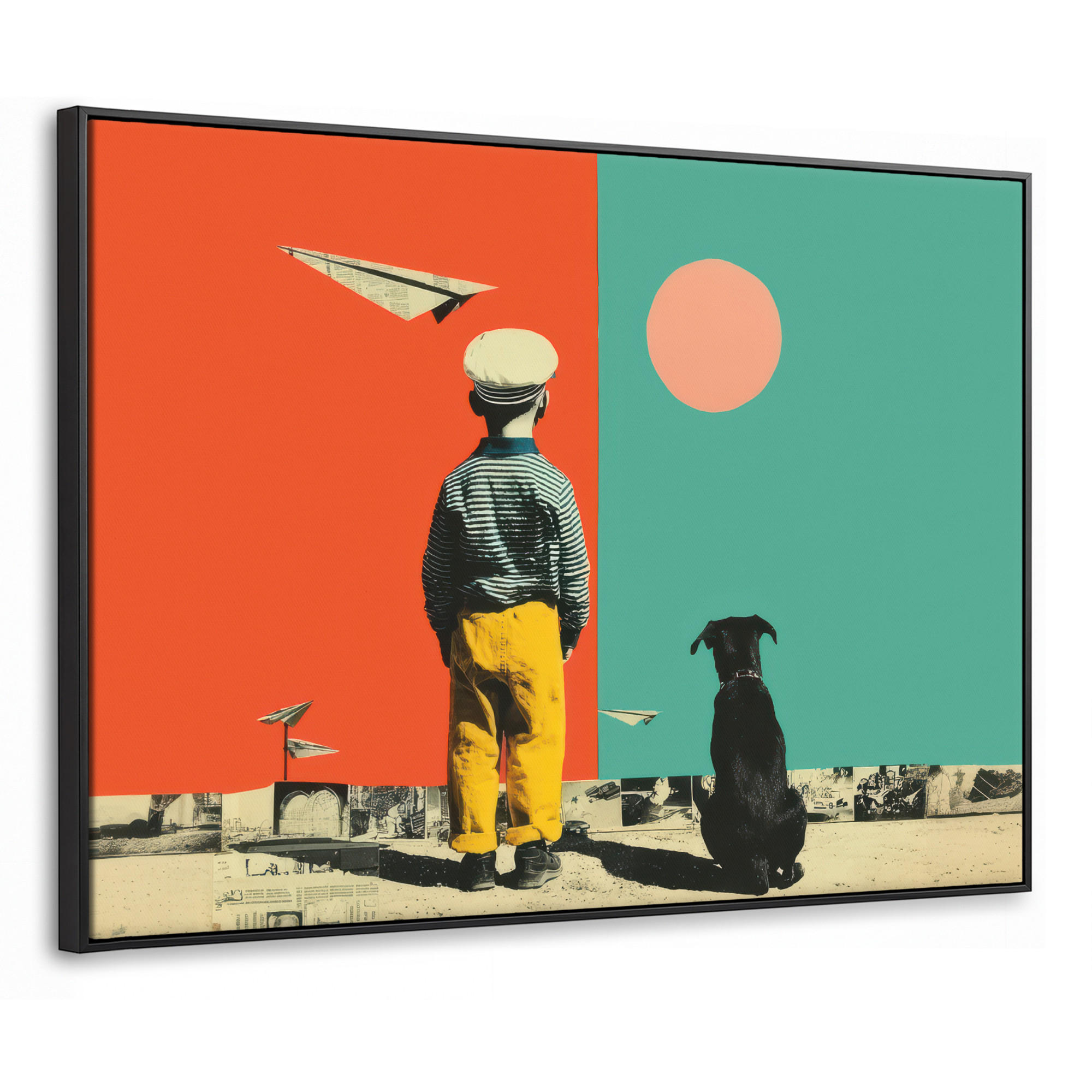 LEINWAND Bilder mit Rahmen - Retro - Junge - Hund - Rot - Grün - 100x70 - Orange, Textil (100/70cm) - MuchoWow