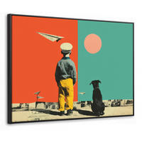 LEINWAND Bilder mit Rahmen - Retro - Junge - Hund - Rot - Grün - 100x70 - Orange, Textil (100/70cm) - MuchoWow