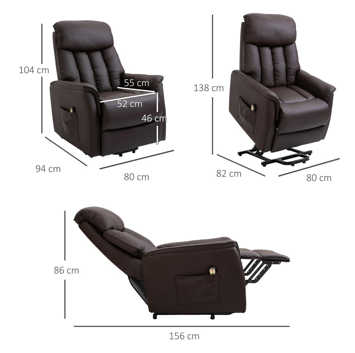 SESSEL 80/94/104 cm mit elektrischer Aufstehhilfe und Relaxfunktion - Braun, Kunststoff (94/104/80cm) - BEAOK