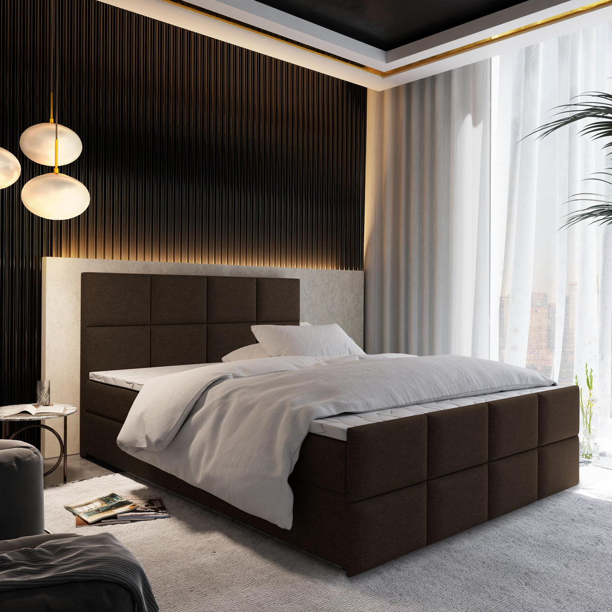 BOXBETT ARIEL 180x200 cm mit Matratze und Topper - Braun - Braun, Holz (180/200cm) - MASSENO