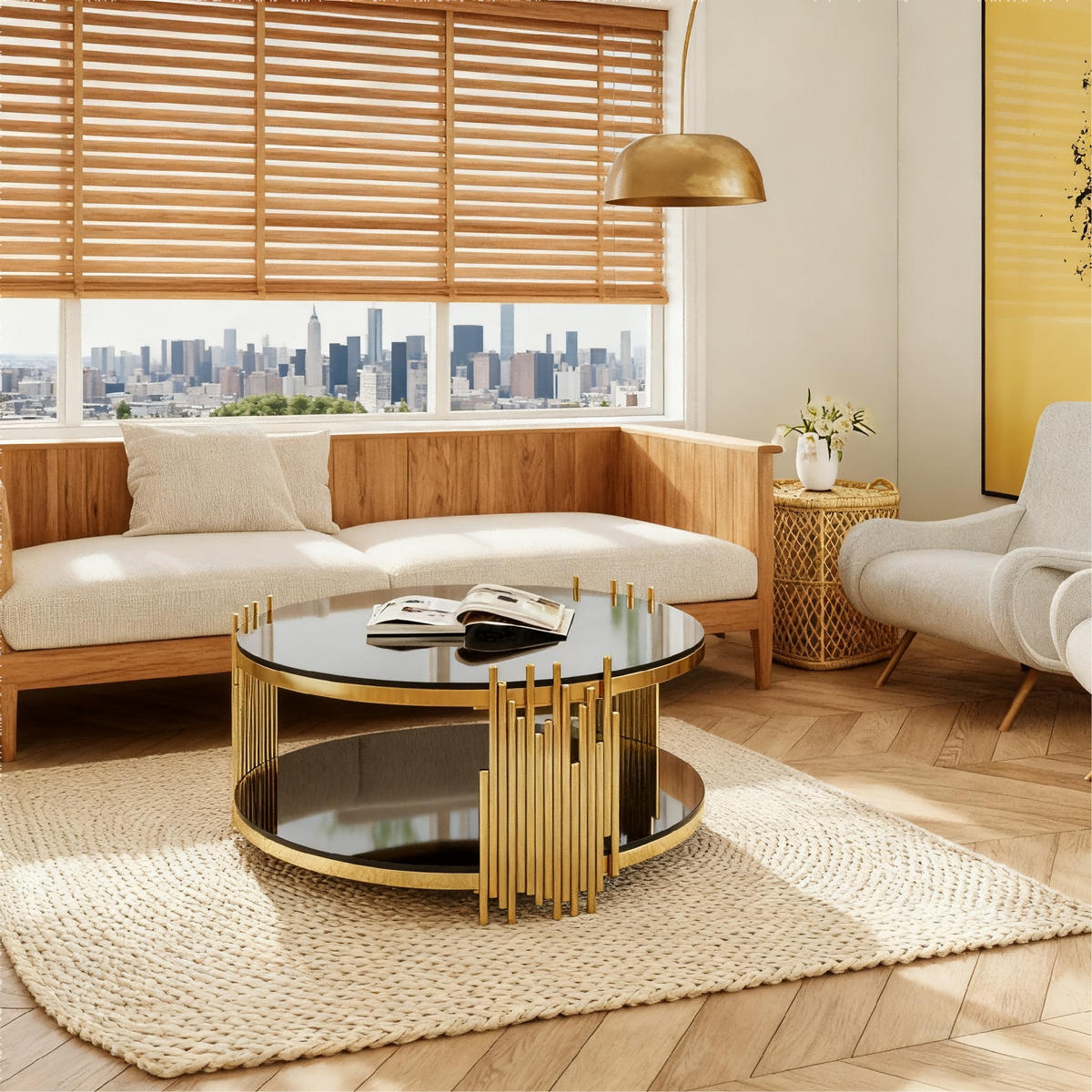 COUCHTISCH mit Doppelglas, gehärteter Glasplatte & Stahlbasis Schwarz - Goldfarben/Schwarz, Glas/Holzwerkstoff (80/80/45cm) - EVRYAE