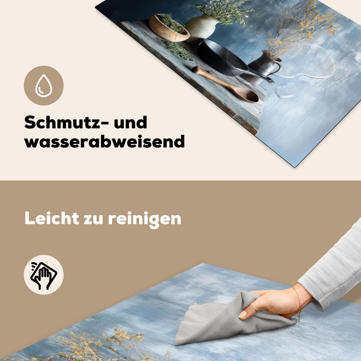 HERDABDECKPLATTE Stilleben - Kräuter - Rustikal Ceranfeldabdeckung 90x52 cm - Blaugrau, Kunststoff (90/52/0.2cm) - MuchoWow