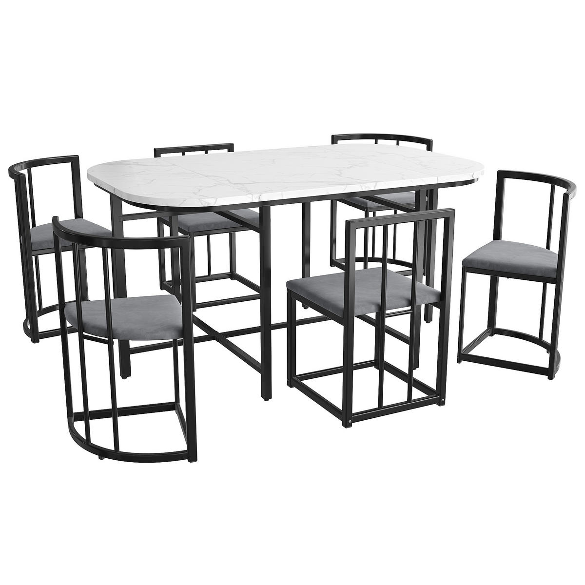 ESSGRUPPE Esstisch 6 Stühle Weiß Grau Schwarz - Schwarz, Holzwerkstoff (140/76/80cm) - FLIEKS