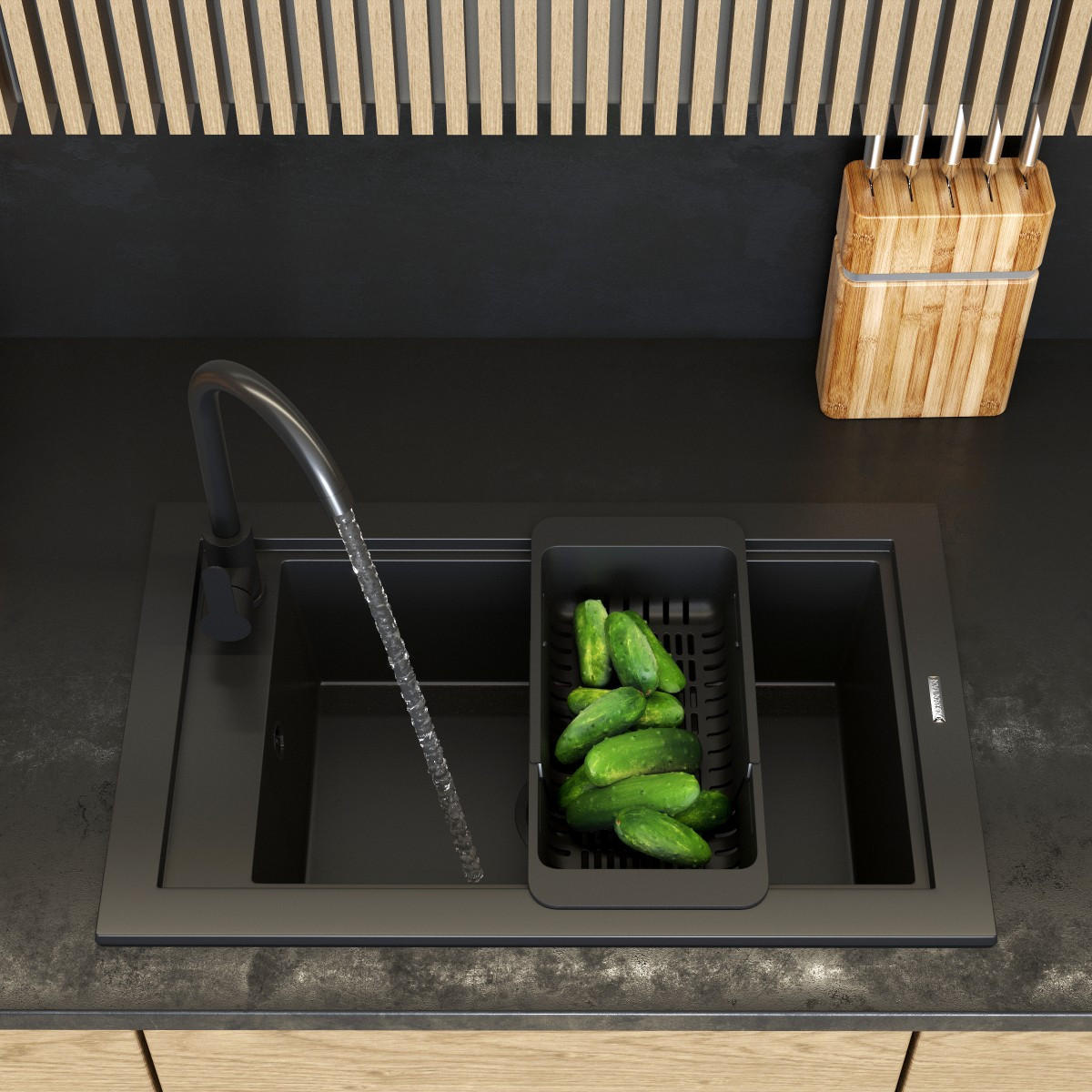 GRANITSPÜLE Panama mit Batterie Siphone - Schwarz, Kunststoff/Stein (43/18/69cm) - Granitan