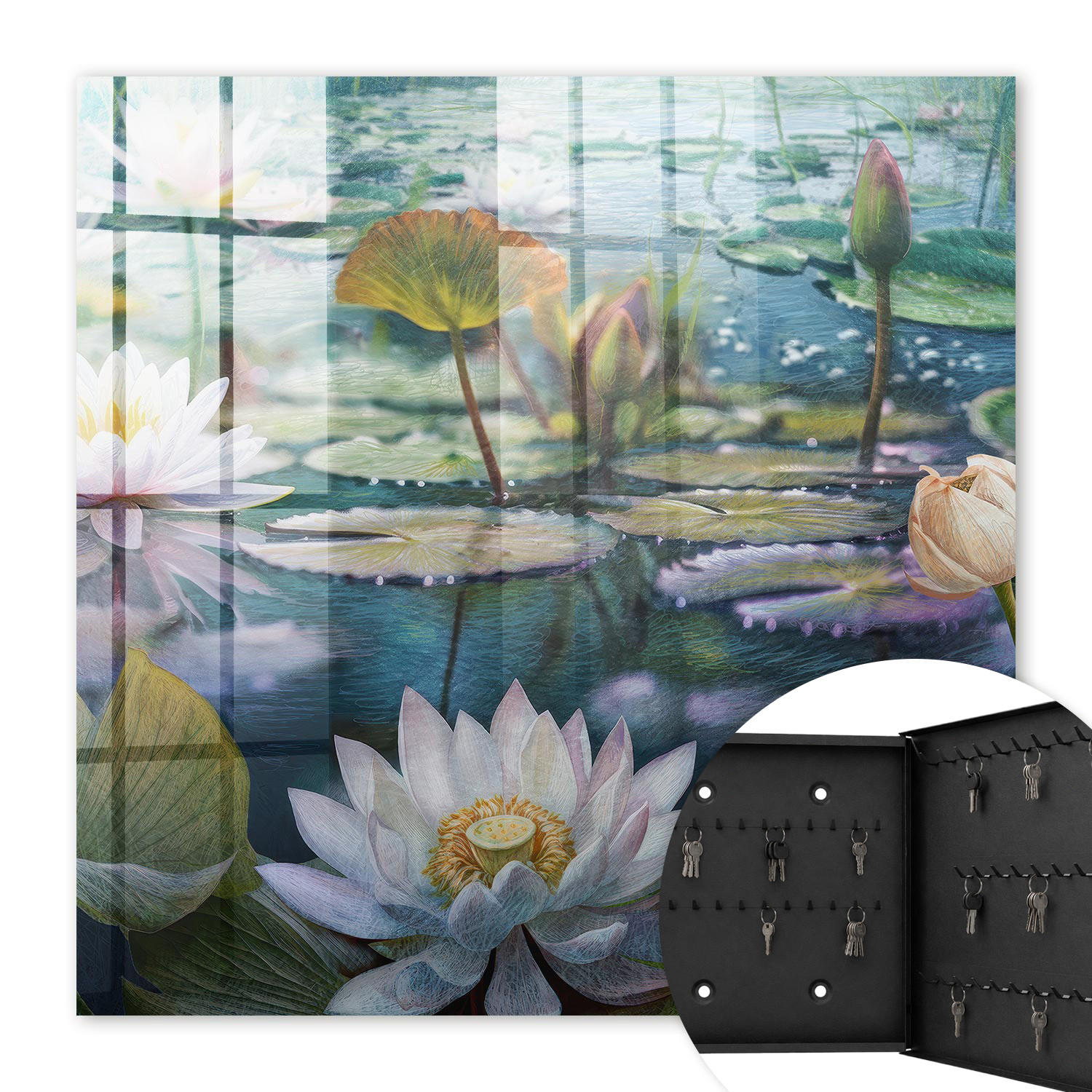 SCHLÜSSELBOX Schwarz 30x30 cm- Türöffnung nach rechts - Wasserblumen - Grün, Metall (30/30/5cm) - TULUP