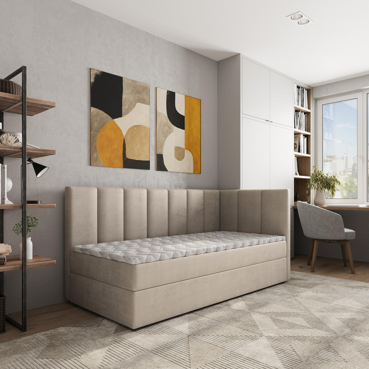 BOXBETT BEVE 80x200 cm mit Matratze und Topper, H2+H3 - Beige - Beige, Holz (80/200cm) - MASSENO