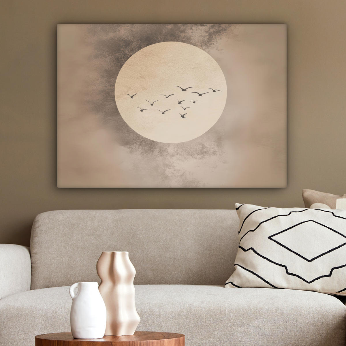 LEINWANDBILD Vogel - Beige - Japanisch Wandbilder 80x60 cm - Taupe, Textil (80/60cm) - MuchoWow