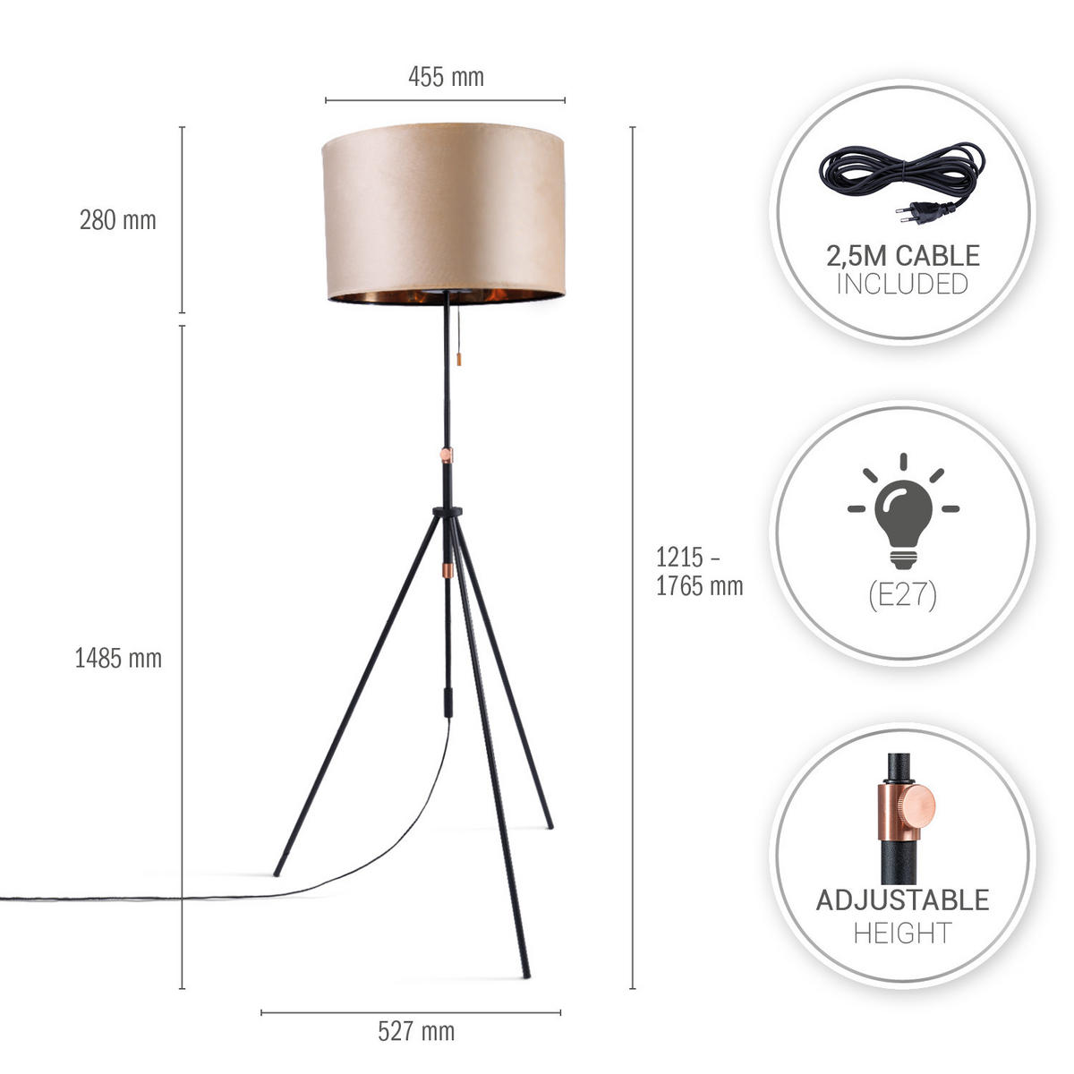 STEHLEUCHTE Naomi Fl - Beige, Metall (52.7/52.7/176.5cm) - Paco Home