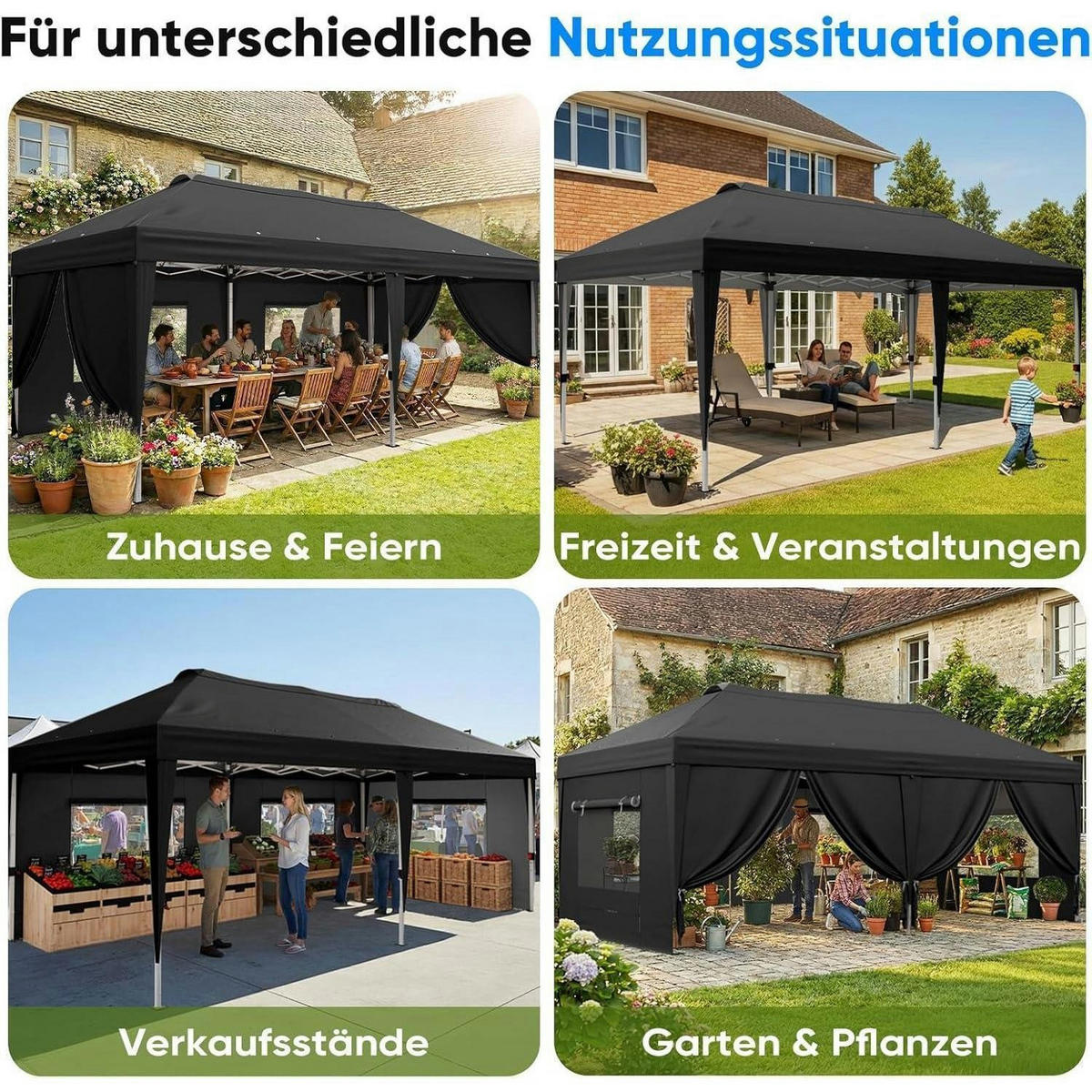 FALTPAVILLON 3x6m mit Seitenwänden und Insektenschutz schwarz - Schwarz, Textil (585/285/293cm)
