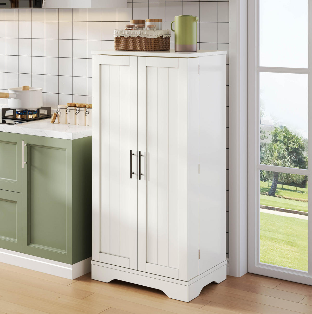 HOCHSCHRANK aus MDF mit 3D-Wellentüren, LED-Sensorlicht und verstellbarem Einlegeboden, 120/60/40 cm, Weiß - Weiß, Holzwerkstoff (60/120/40cm) - Redom