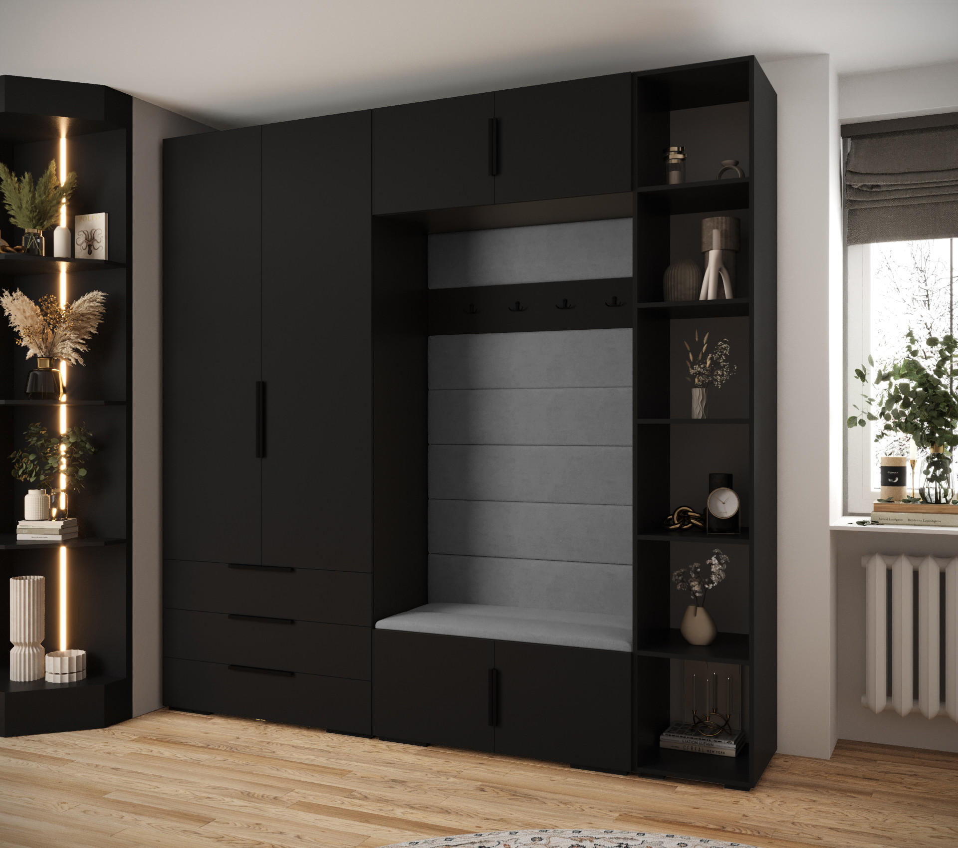 GARDEROBEN-SET 236,7/240/47 - Schwarz/Grau, Holz/Kunststoff (240/236.7/47cm) - Abiks Möbel