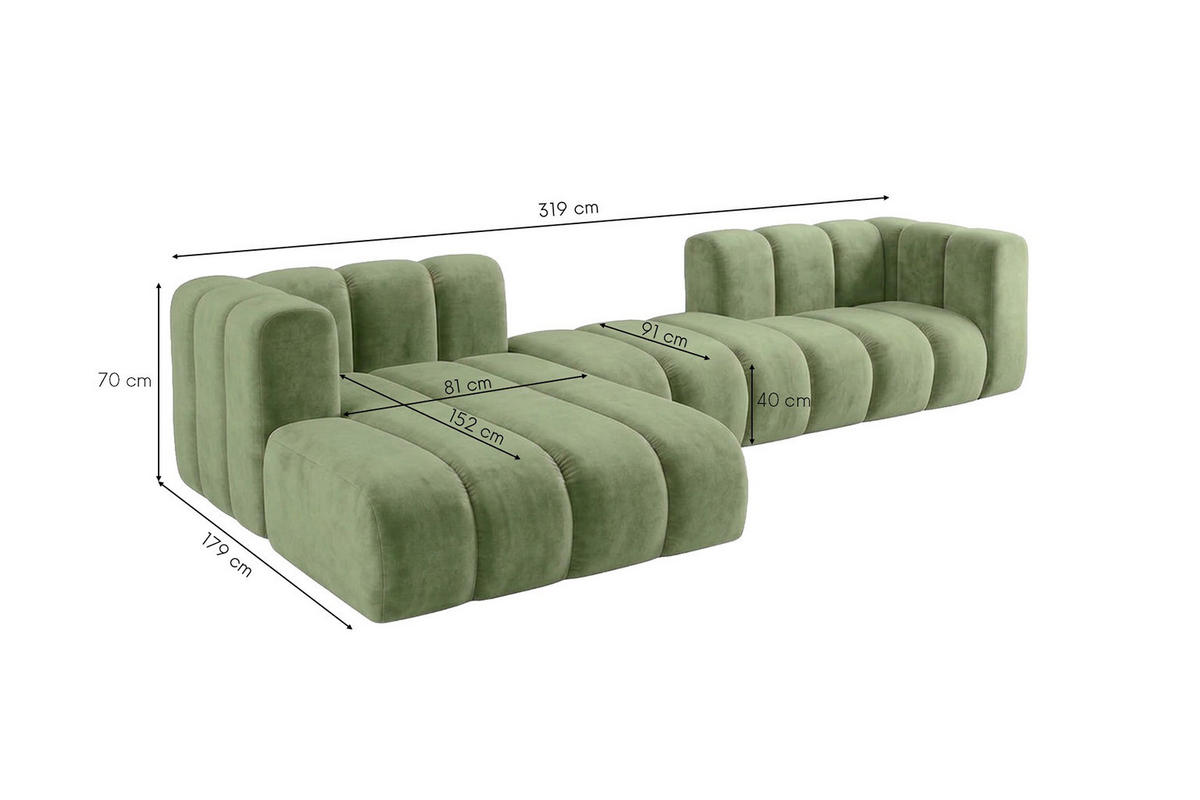ECKSOFA Modulares In L-Form, Velvet-Stoff Riviera, Olive, Links, GRAND 319 cm - Olivgrün, Holz (319/175cm) - Kaiser Möbel