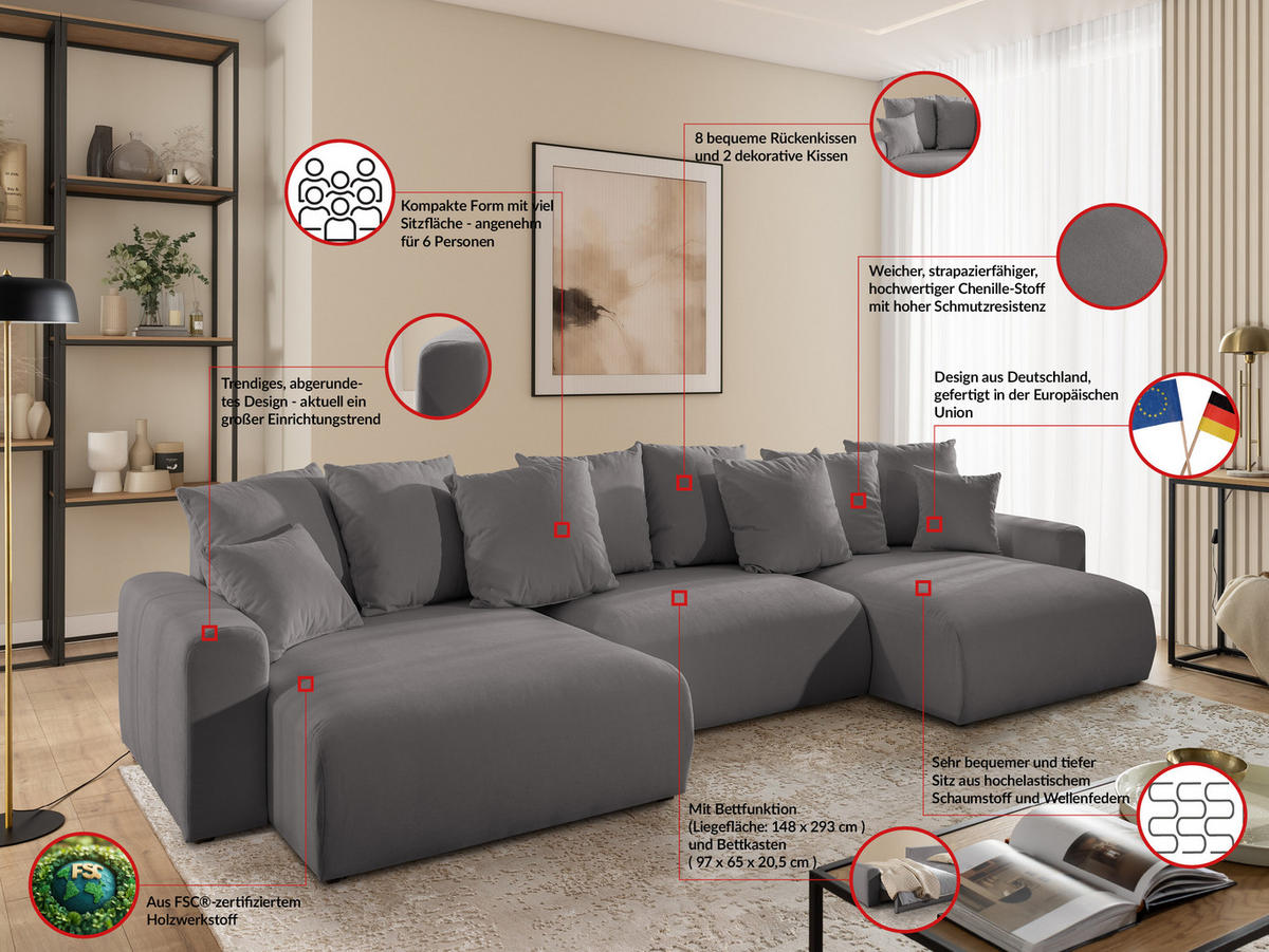 WOHNLANDSCHAFT Calma mit Schlaffunktion und Bettkasten im Bumpy-Design aus weichem Taupe Webstoff - Taupe/Schwarz, Holz/Textil (336/88/140cm) - S-Style