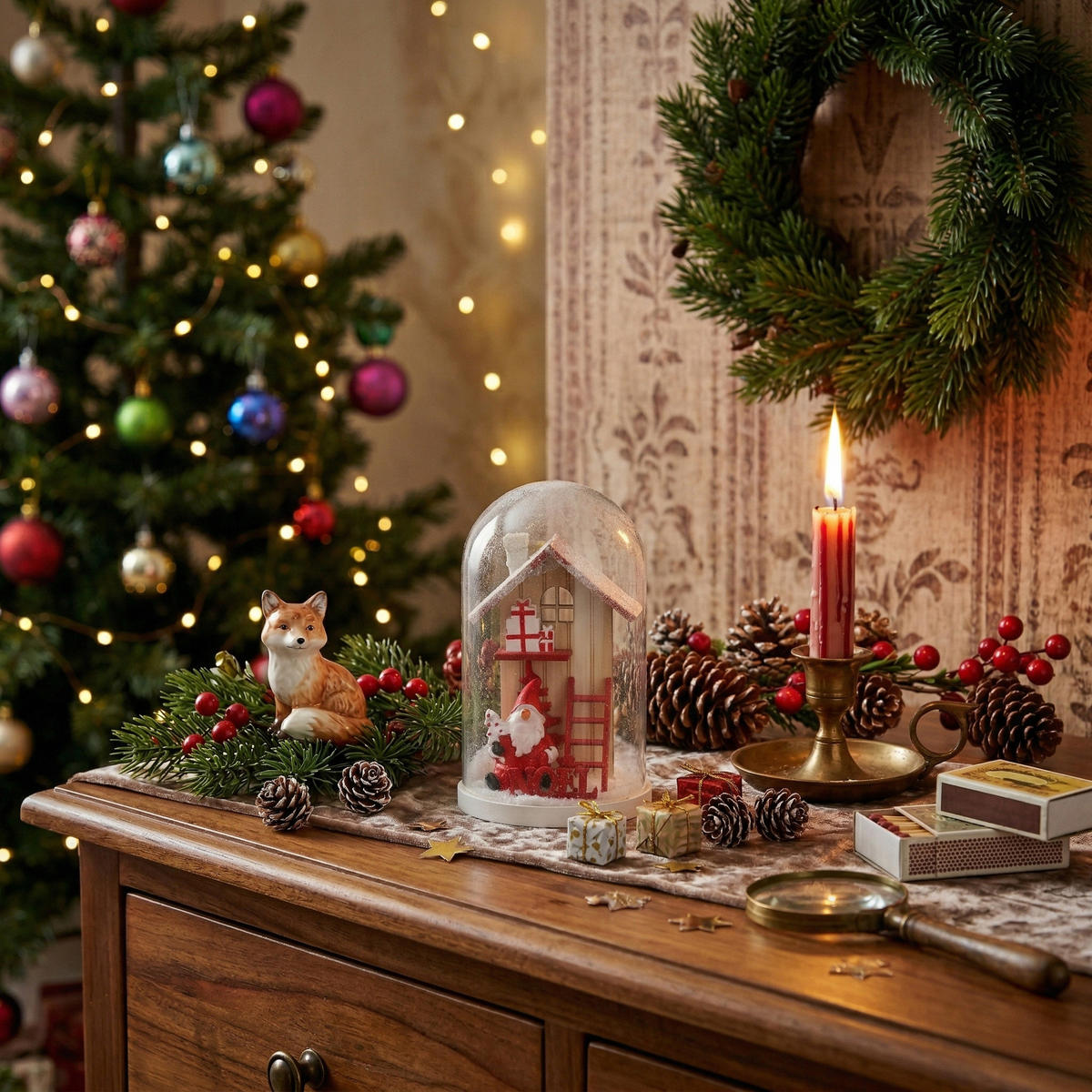 GLASKUPPEL mit Weihnachtshaus aus Holz 7/7/11,5 cm - Rot, Holzwerkstoff (7/11.5/7cm) - Atmosphera Createur d´interieur