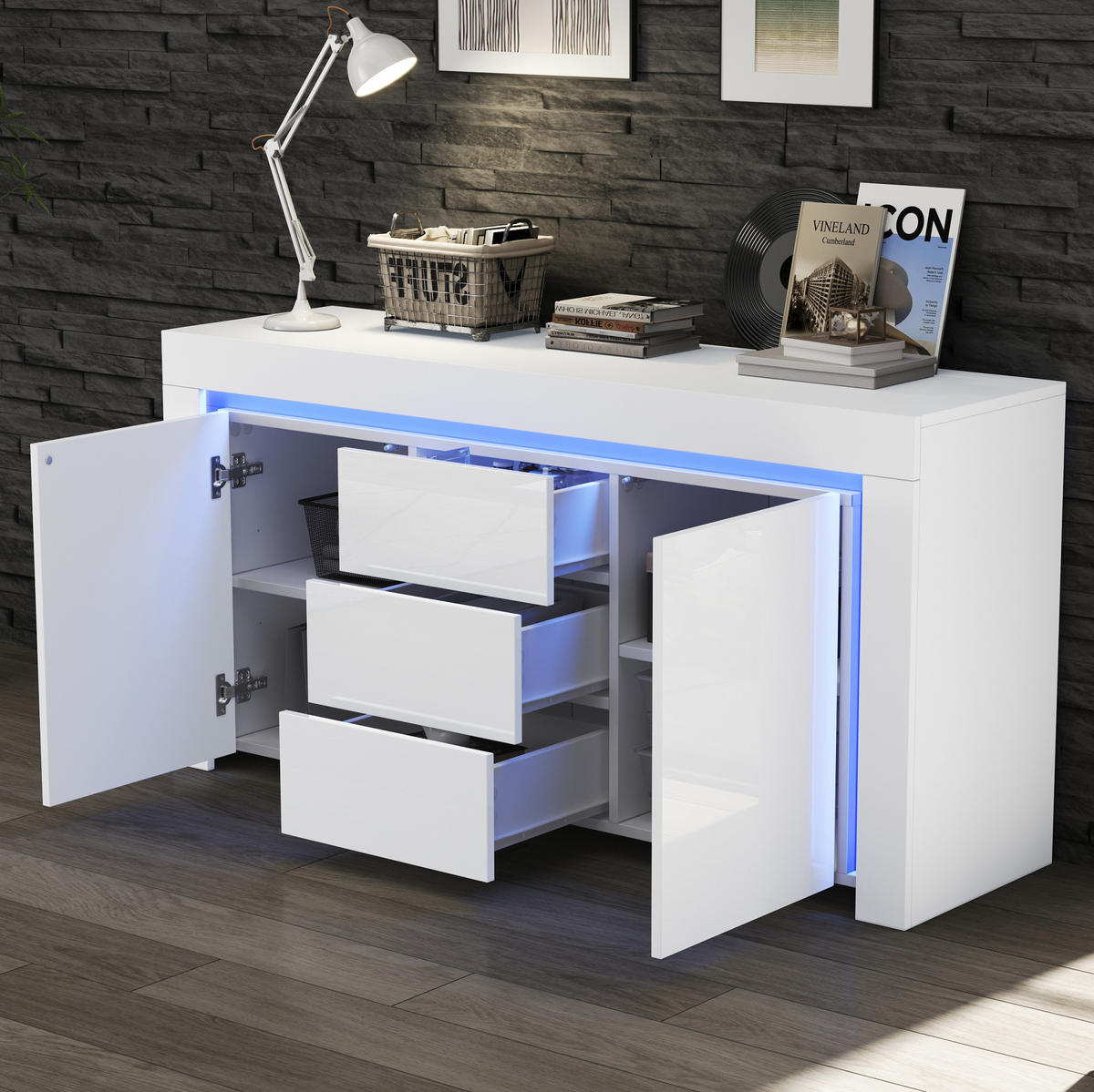 SIDEBOARD 140/40/65 cm aus MDF mit Hochglanzfront und LED-Beleuchtung Weiß - Weiß, Holzwerkstoff (140/65/40cm) - Modenvie