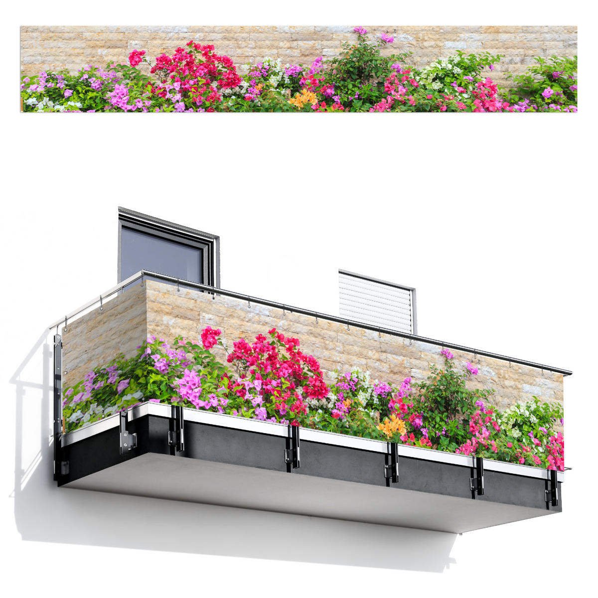 BALKON-SICHTSCHUTZ Blumen - Pflanzen - Blätter - Steine - Pink, Kunststoff (500/80cm) - MuchoWow