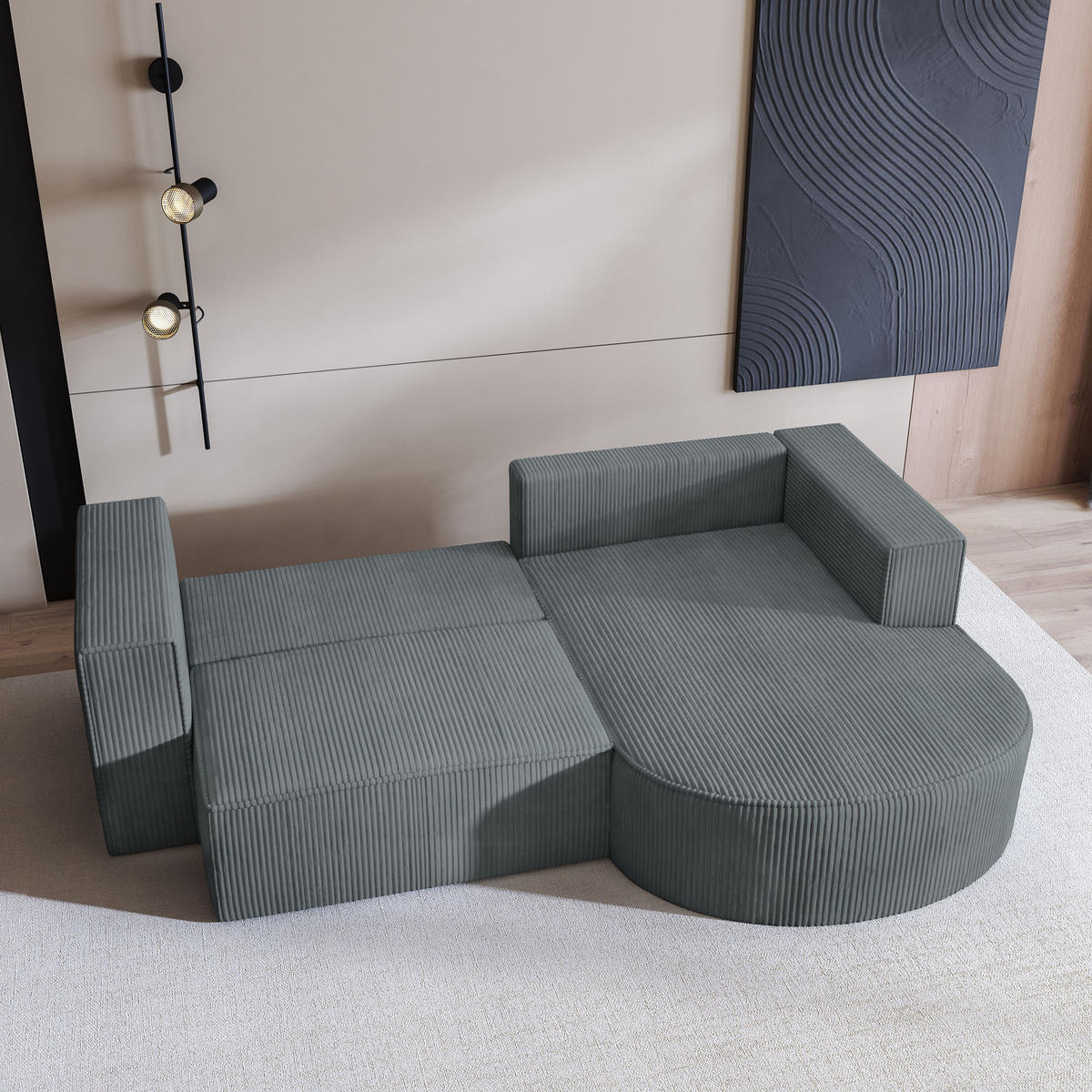 ECKSOFA SORELA P R-S Grau Kordstoff mit Schlaffunktion - Grau, Holz (263/174cm) - MASSENO