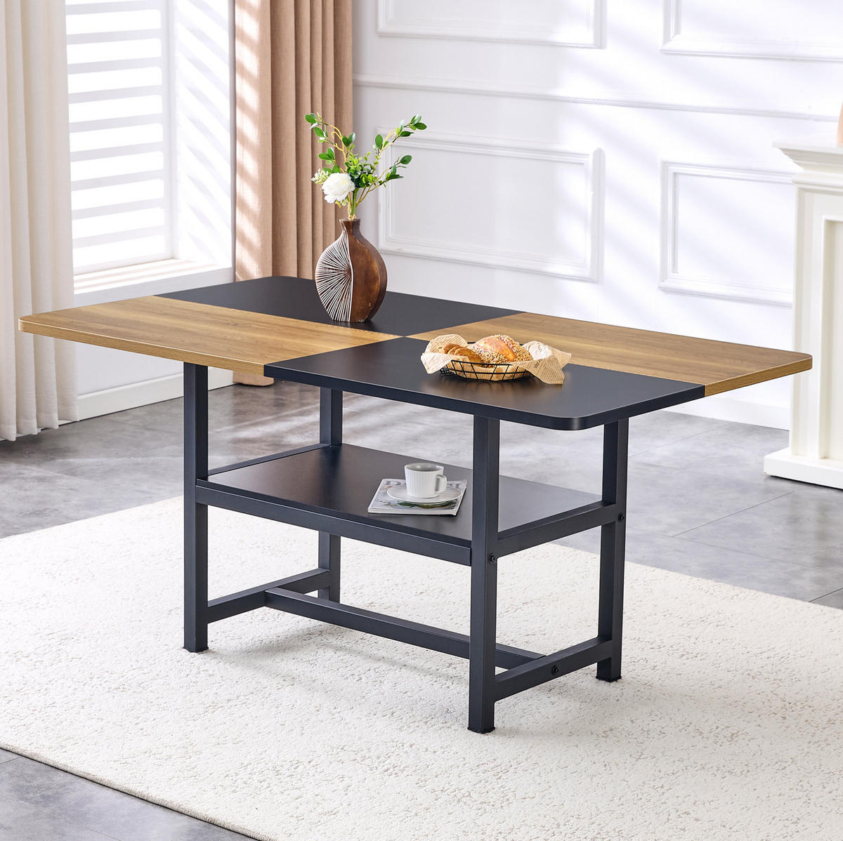 ESSTISCH 160/90/76 cm mit Ablagefach und kratzfester Tischplatte aus MDF und Metall, Schwarz/Holzfarben - Schwarz, Holzwerkstoff (160/90/76cm) - Redom