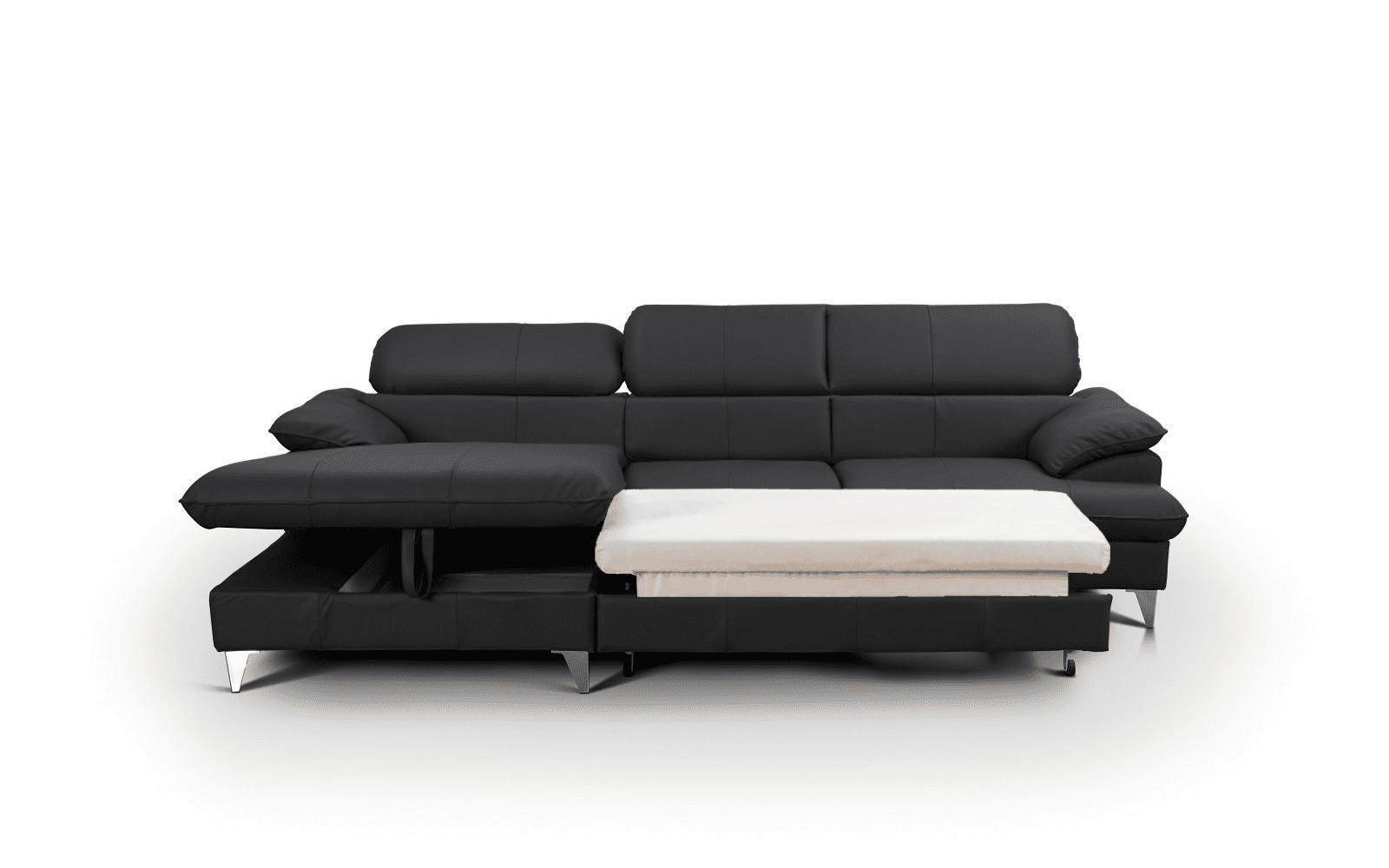 ECKSOFA mit Schlaffunktion und Bettkasten, Echtleder - Chromfarben/Schwarz, Leder/Holz (254/167cm) - Cotta