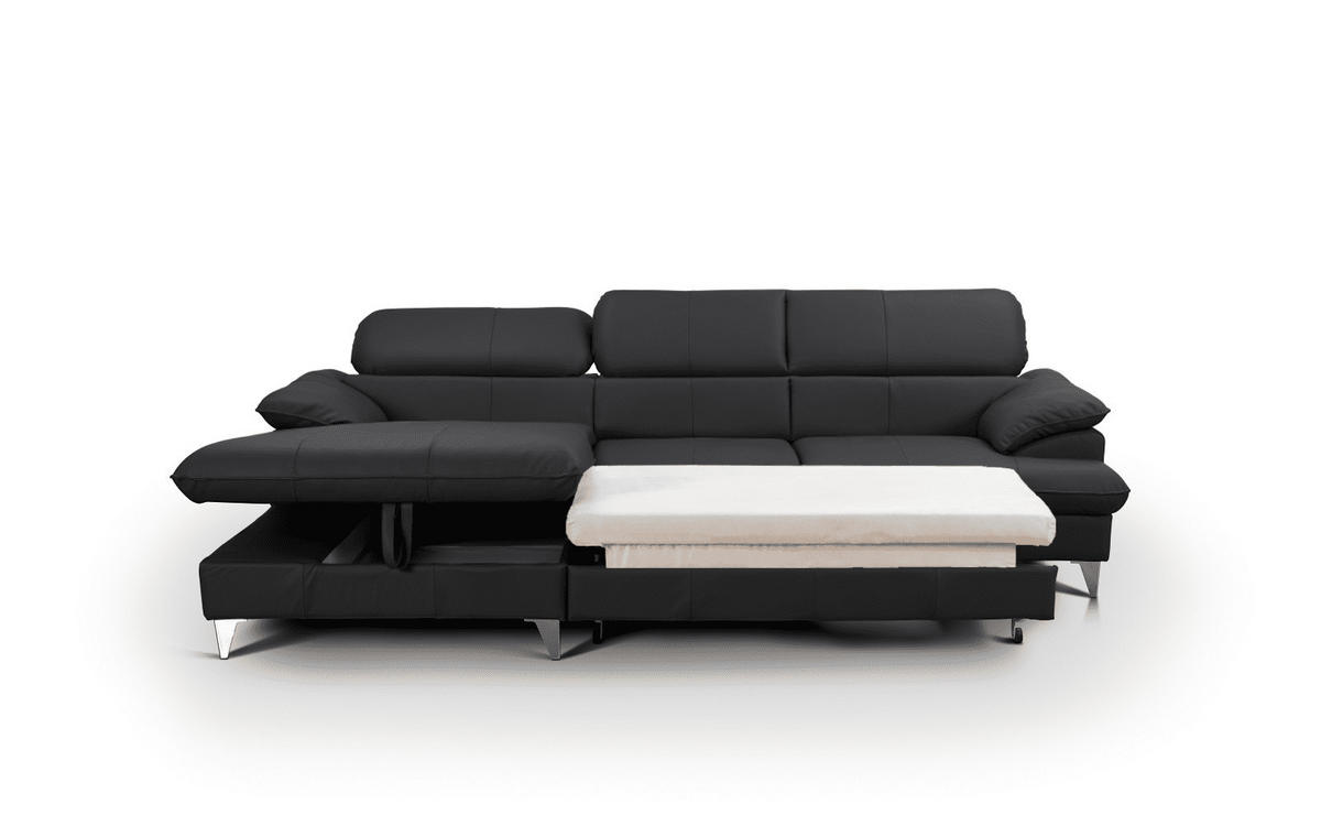 ECKSOFA mit Schlaffunktion und Bettkasten, Echtleder - Chromfarben/Schwarz, Leder/Holz (254/167cm) - Cotta