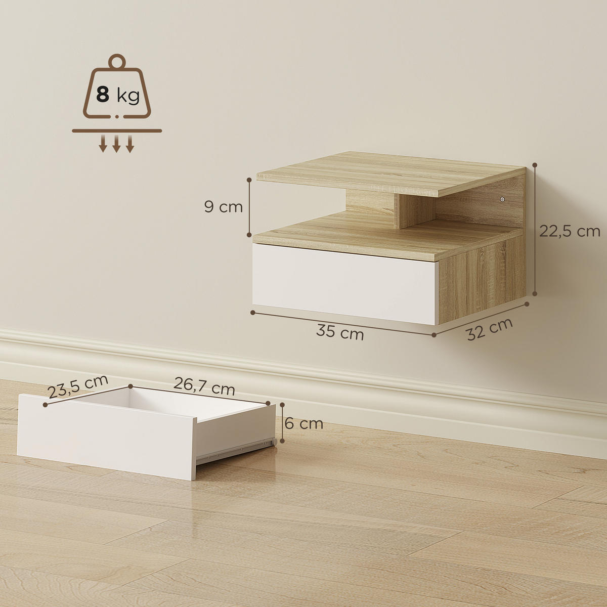 NACHTTISCH Weiß Eiche Spanplatte mit Schublade und offenem Fach 2er-Set - Eichefarben, Holzwerkstoff (35/22.5/32cm) - PANGIVO