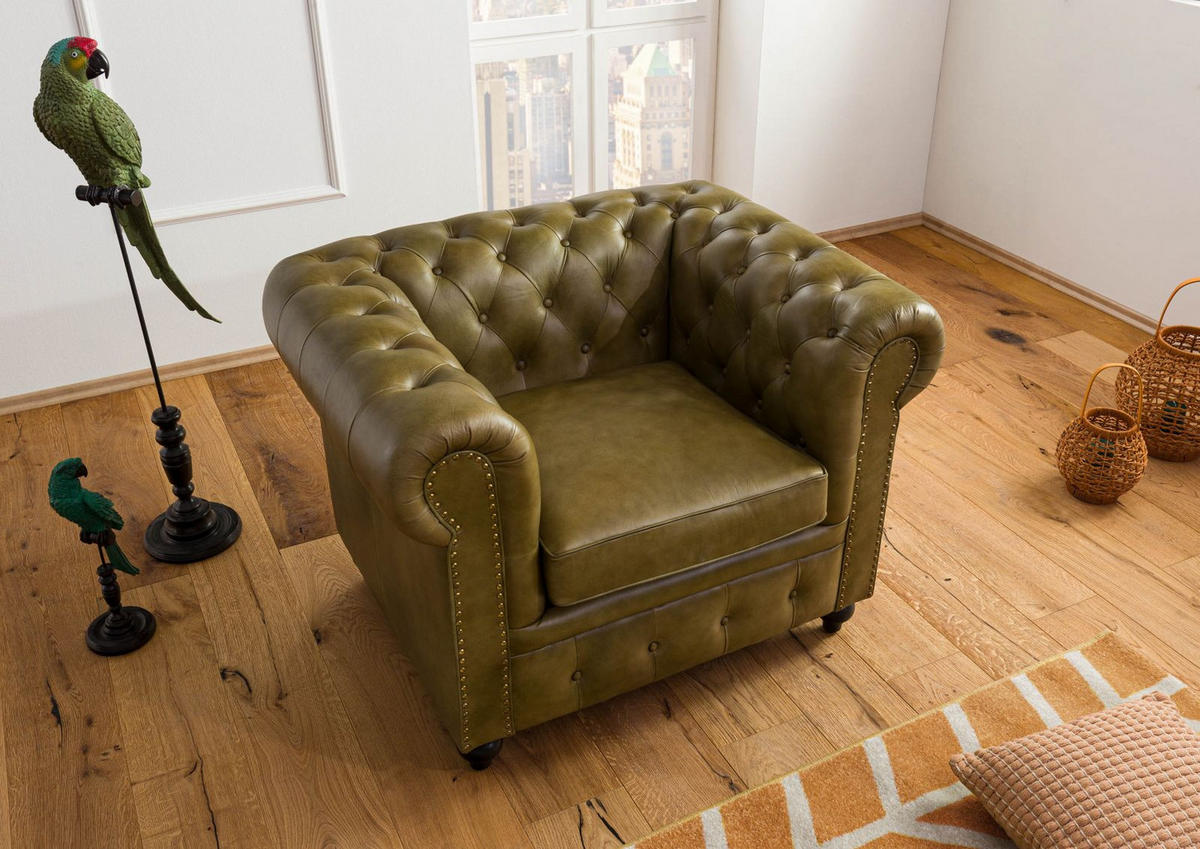 SESSEL Echtleder 105x82x75 grün CHESTERFIELD #302 - Grün, Leder (105/75/82cm) - Massivmoebel24