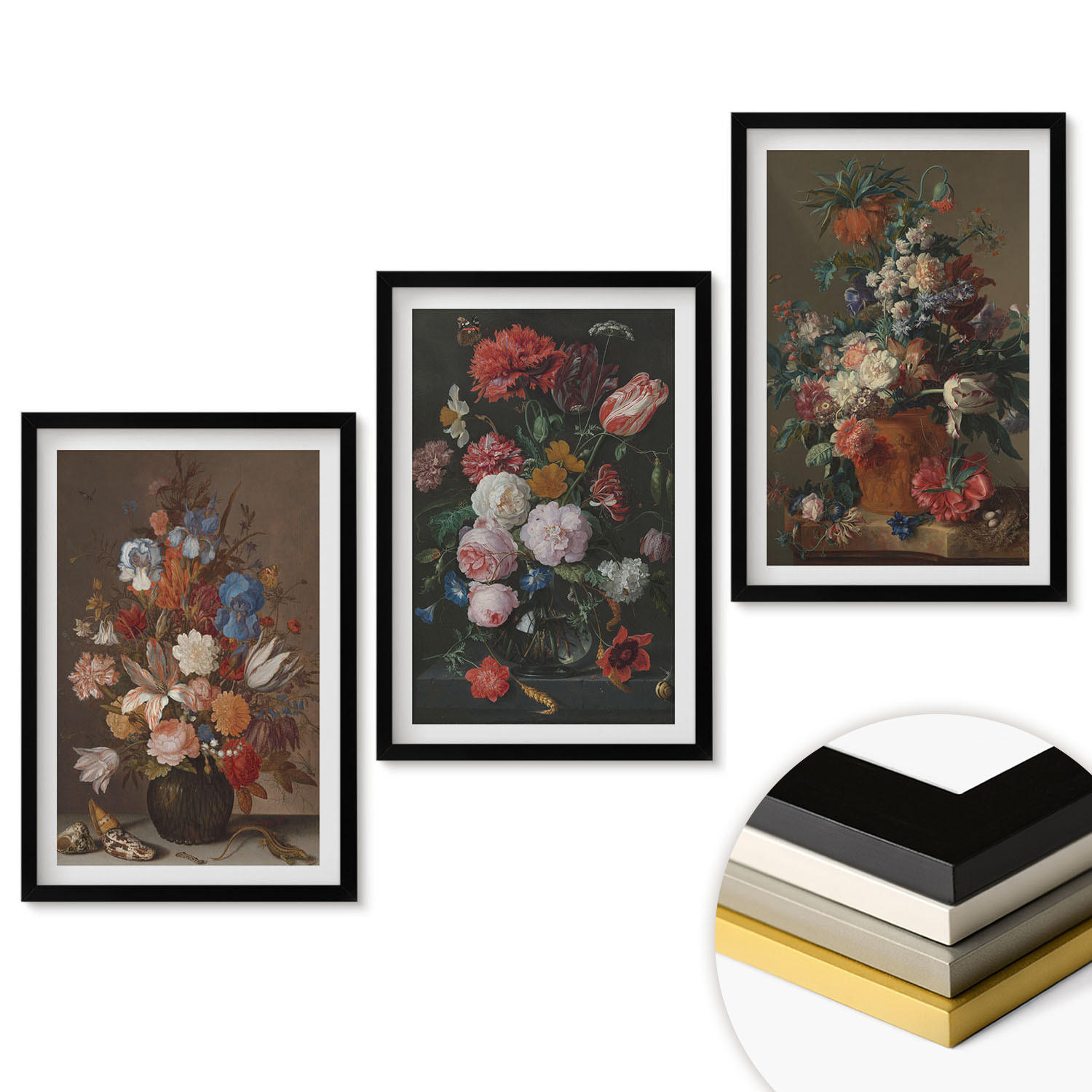 WANDBILDER 3er-Set - 40x60 cm Schwarzer Rahmen - Blumenarrangements in Vasen - Schwarz, Kunststoff (40/60cm) - ArtPrintCave