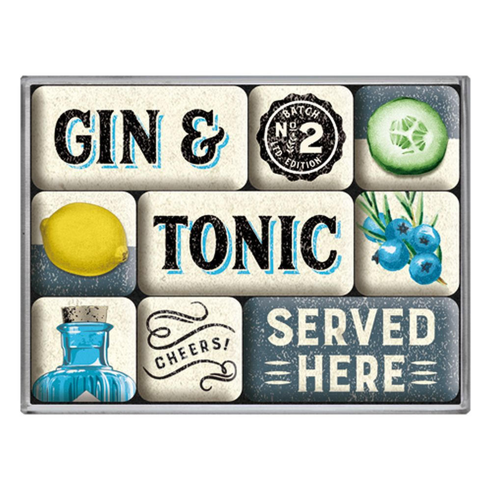 MAGNETSET 9-teilig Open Bar Gin & Tonic Served Here - Multicolor, Metall (9/7/2cm) - Nostalgic-Art
