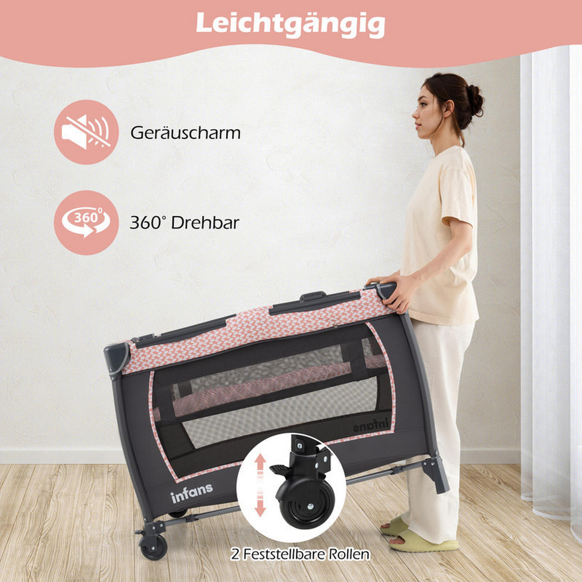 BEISTELLBETT mit Matratze grau - Pink, Textil - COSTWAY