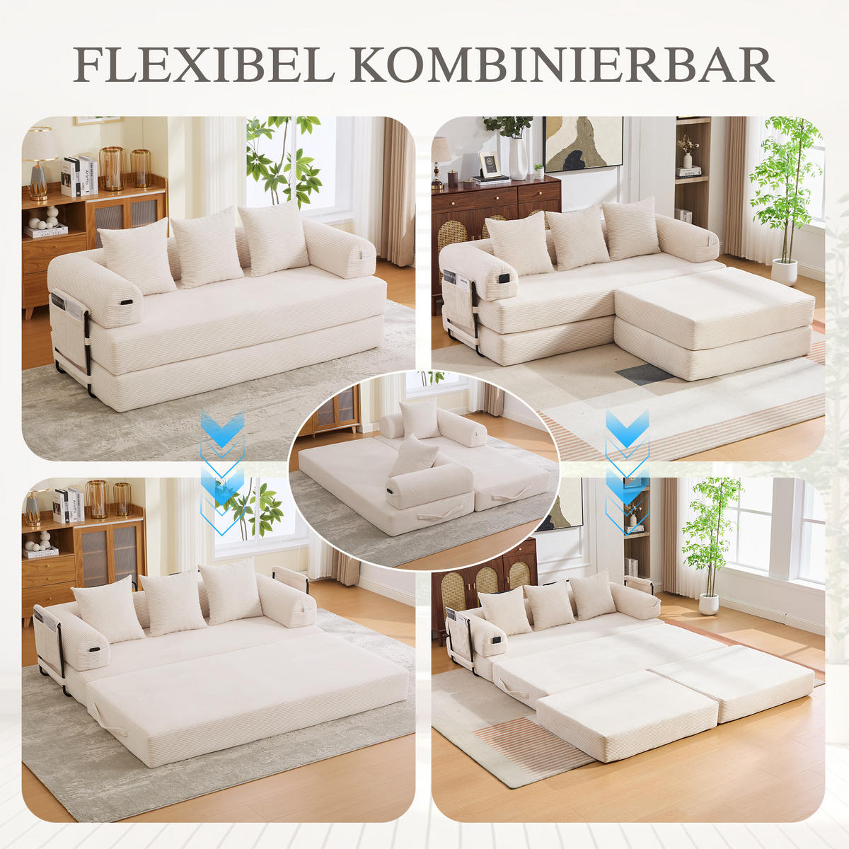 ECKSOFA Cord Beige mit Hocker und Kissen - Beige, Textil/Metall (218/285cm) - WISHDOR