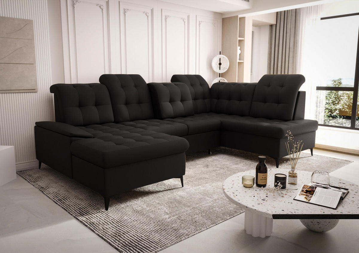 WOHNLANDSCHAFT KONGO RBN17, Eckcouch in U-Form mit Schlaffunktion, Farbe: Schwarz, Kunstleder, Ottomane Links - Schwarz, Textil (343/107/210cm) - O-Sofa