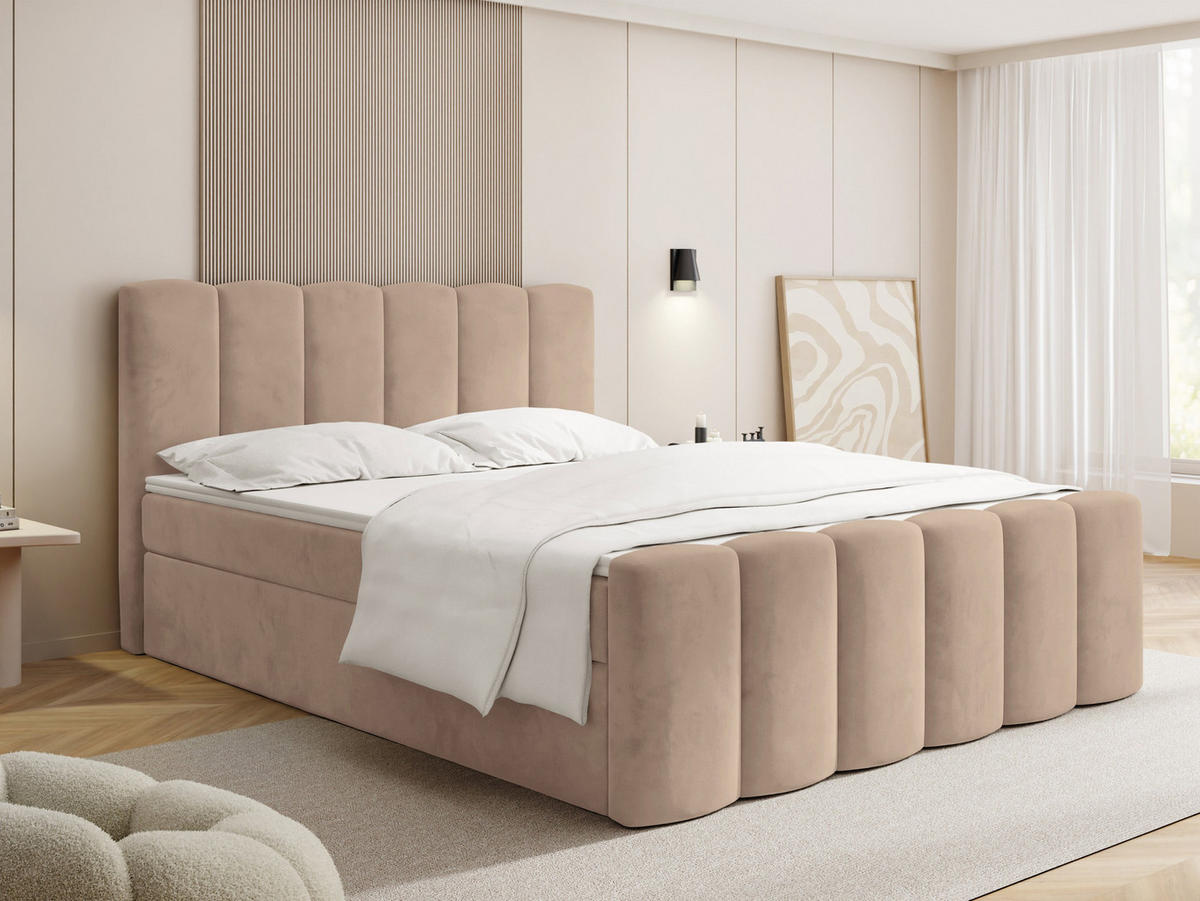 BOXBETT Serenity mit Bettkasten, Dunkelbeige Samt 180x200 cm – inkl. H4 Taschenfederkern Matratze & Foam Topper - Hellbraun/Schwarz, Holz/Holzwerkstoff (180/200cm) - WFL GROUP