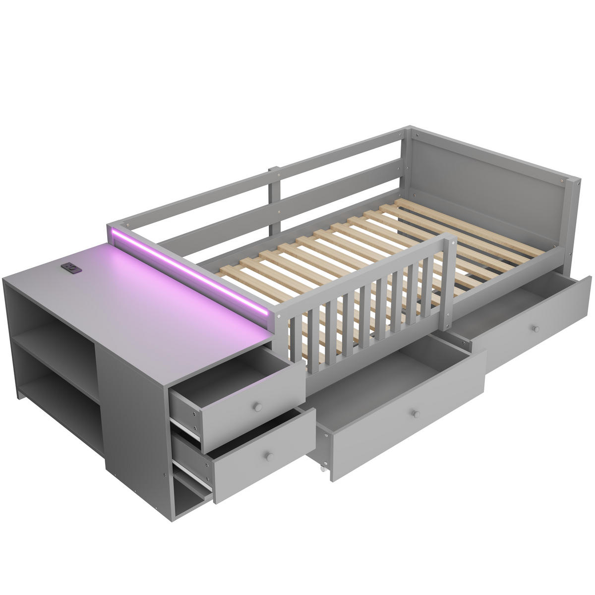 KINDERBETT 90/200 cm in Grau mit Stauraum, Schubladen, Regalen, LED, Steckdose und Sicherheitsgitter - Grau, Holzwerkstoff (90/200cm) - STILVORA