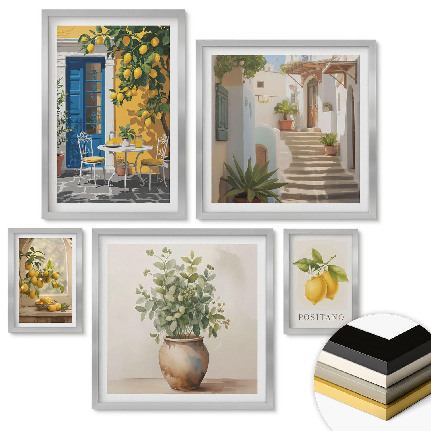 WANDBILDER 5er Set - 50x50 cm & 20x30 cm & 40x60 cm Silberner Rahmen - Anker, Boot, Ruder, Strand - Silberfarben, Kunststoff (40/60cm) - ArtPrintCave