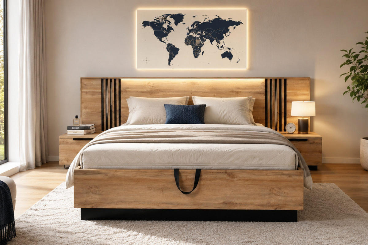 BETT LABOO LUX 160 / 200 cm in Eiche Wotan / Schwarz mit Lamellen - Eiche Wotan/Schwarz, Holzwerkstoff (160/200cm) - Deine Möbel 24