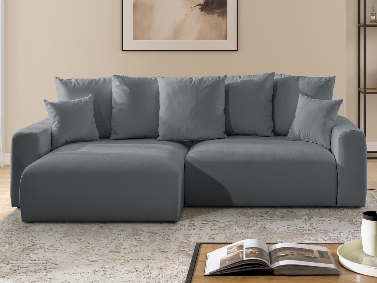 ECKSOFA Calma mit Schlaffunktion und Bettkasten im Bumpy-Design aus weichem Dunkelgrau Webstoff - Ottomane links - Dunkelgrau/Schwarz, Holz/Kunststoff (239/140cm) - S-Style