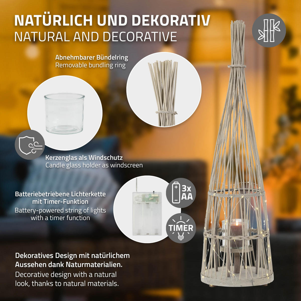 BAMBUSOVÁ LAMPION V: 91 cm, dřevěná barva, styl boho - přírodní, dřevo (26.5/91/26.5cm) - ECD-Germany