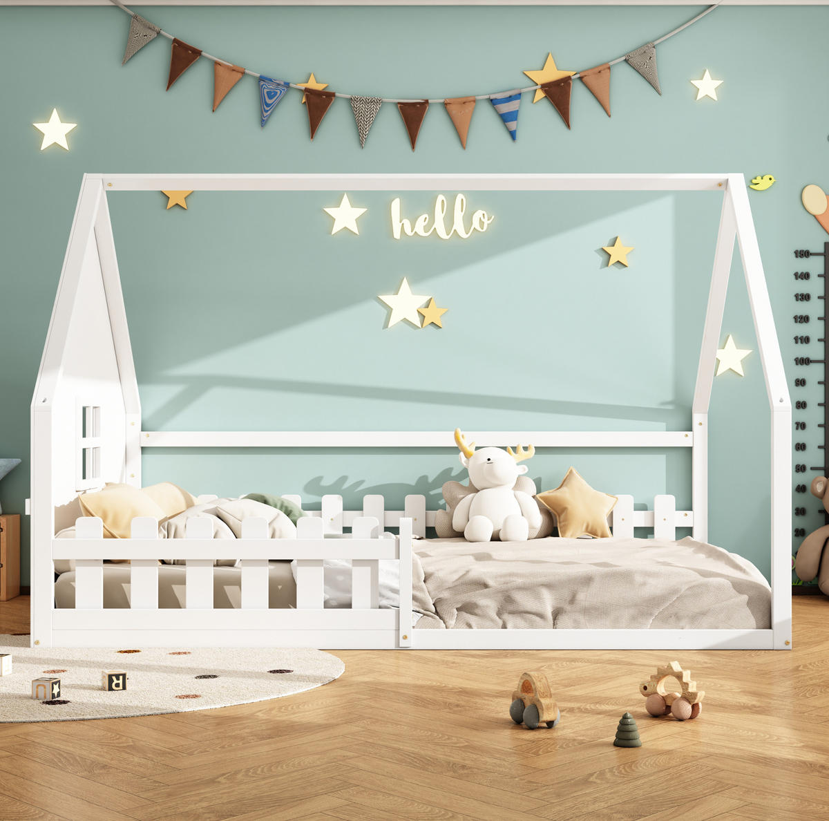 KINDERBETT 140/200 cm mit Hausrahmen und Geländer aus Kiefer und MDF, Weiß - Weiß, Holzwerkstoff (140/200cm) - Redom