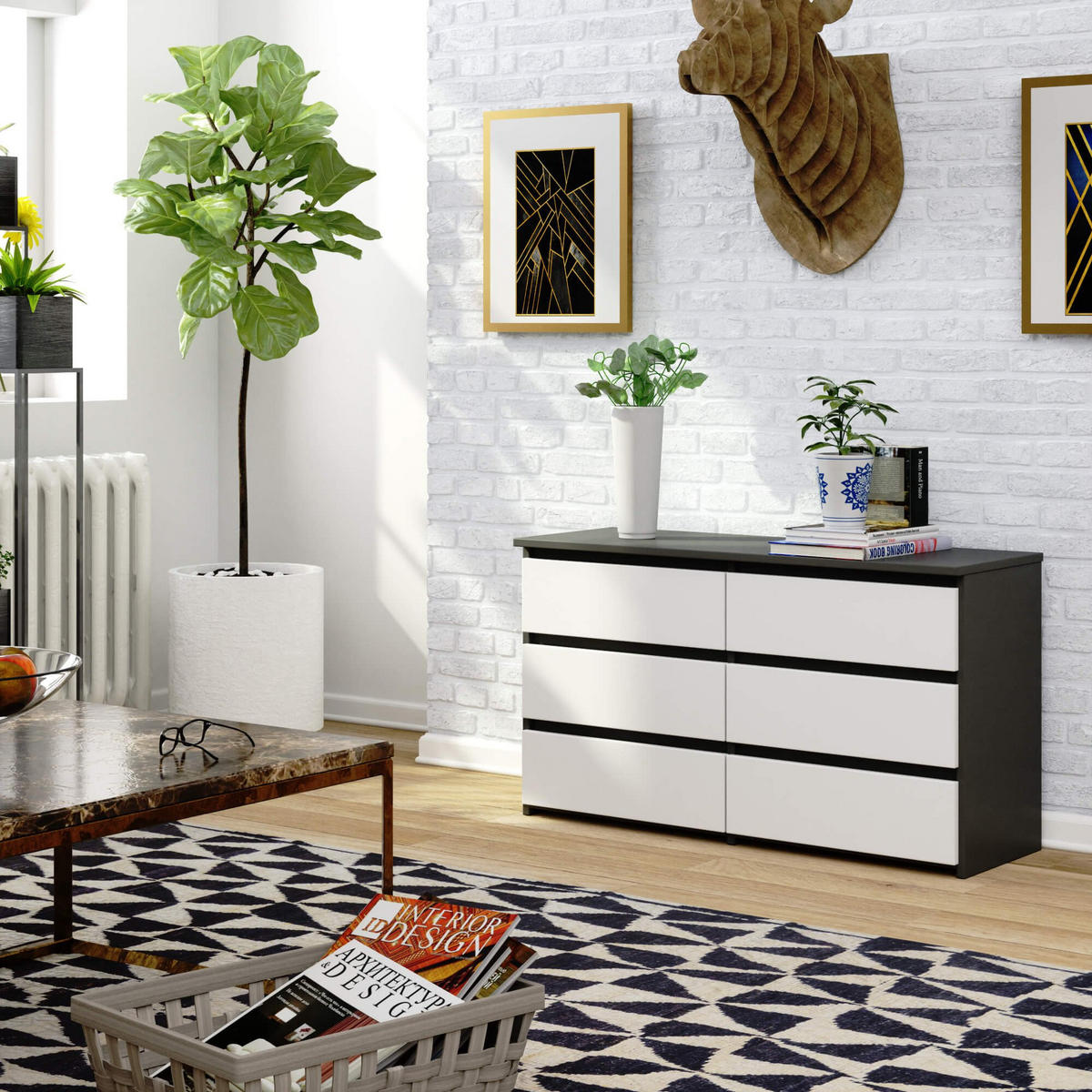 KOMMODE CL100 6 Schubladen, Grau-Weiß, 35x100x57 cm - Weiß/Grau, Holz (100/57/35cm) - Milordbikes