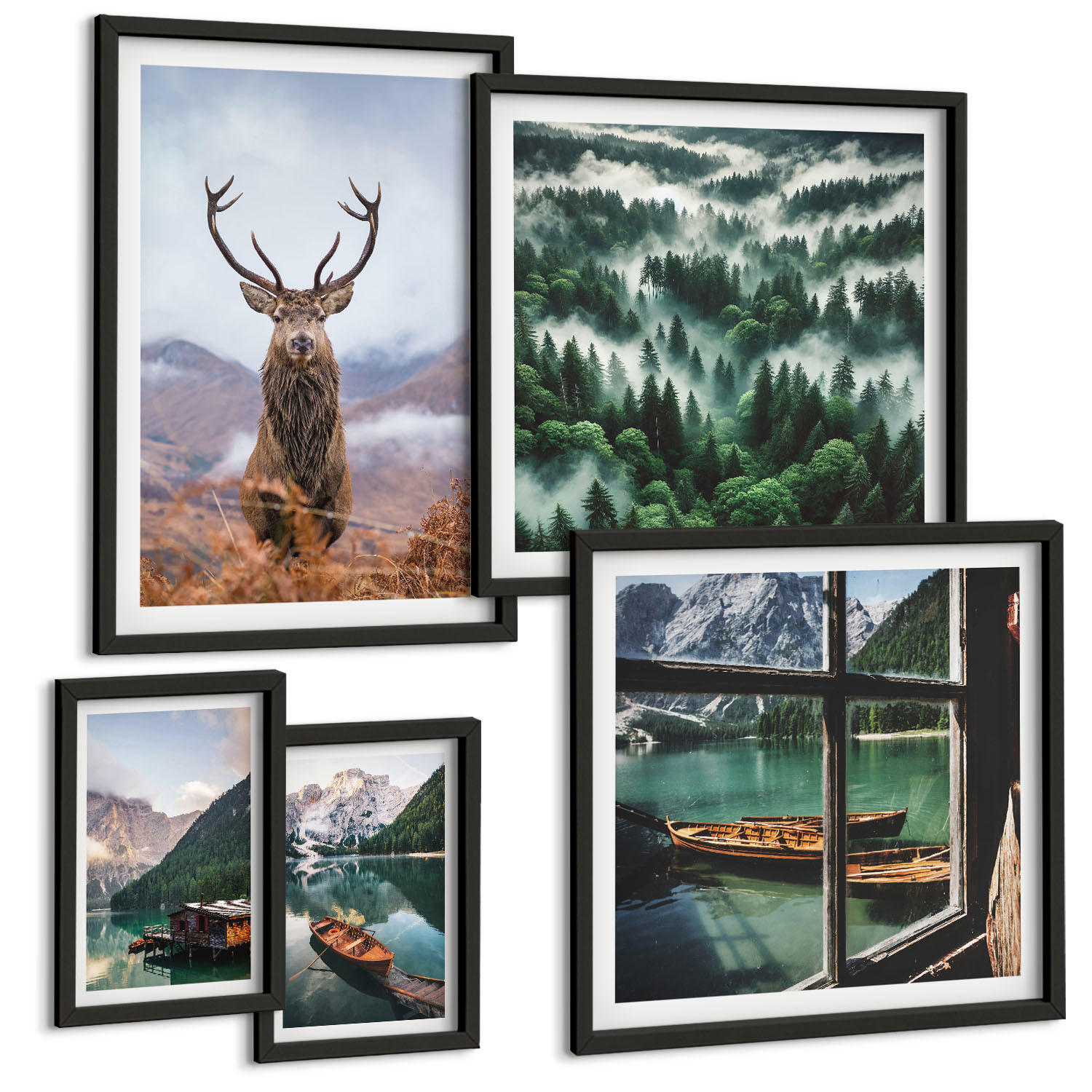 BILDER SET 5er Set - 50x50 cm & 20x30 cm & 40x60 cm Schwarzer Rahmen - Nebel auf dem Bergsee, Bootsfahrten, Nebel - Schwarz, Kunststoff (40/60cm) - TULUP