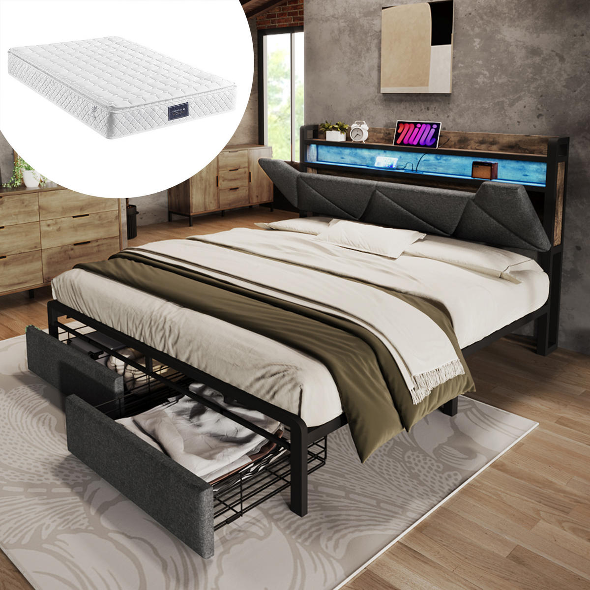 MULTIFUNKTIONSBETT 140/200 cm Grau mit Stauraum, USB-Anschlüssen und LED-Beleuchtung mit Matratze - Grau, Textil (140/200cm) - OKWISH