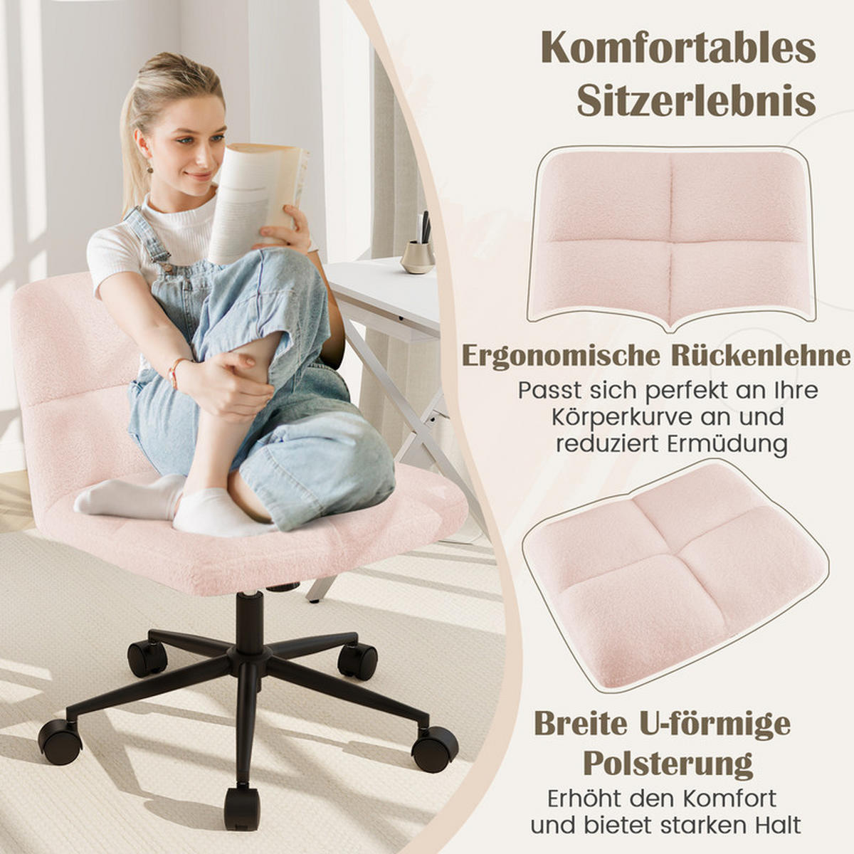 SCHREIBTISCHSTUHL Rosa - Pink, Metall (73/79/69cm) - COSTWAY