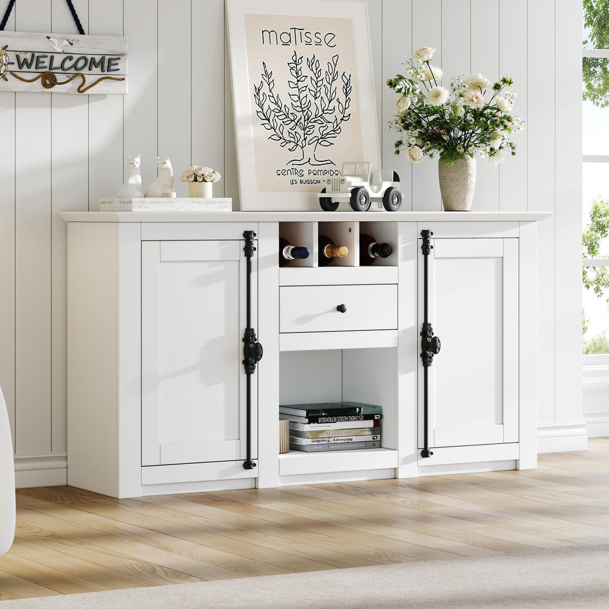 SIDEBOARD Weiß 2 Türen 1 Schublade 130x35x70cm Weinregal - Weiß, Holzwerkstoff (35/70/130cm) - FLIEKS
