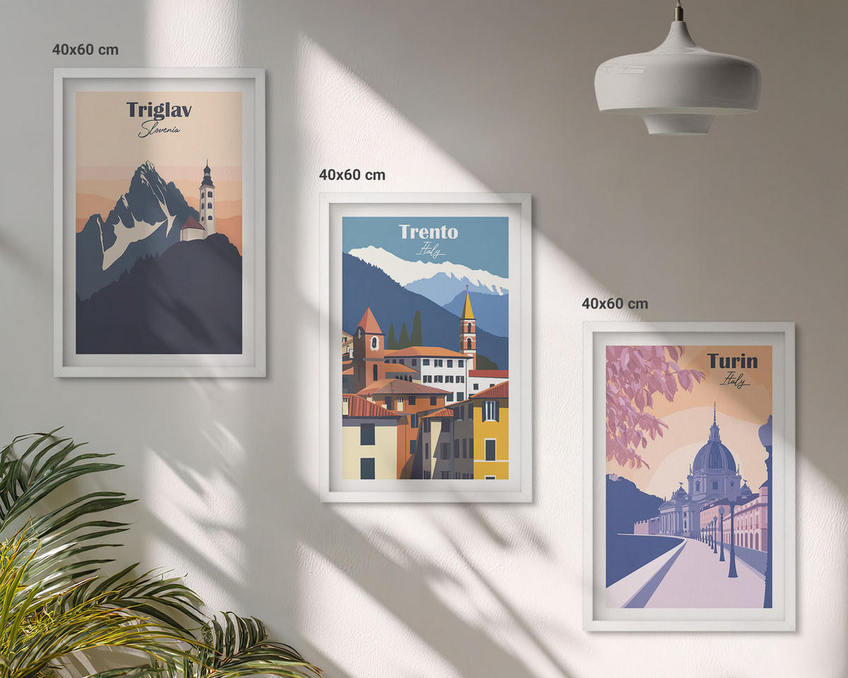 BILDER SET 3er Set - 40x60 cm Weißer Rahmen - Retro-Illustrationen zur Bergarchitektur - Weiß, Kunststoff (40/60cm) - TULUP