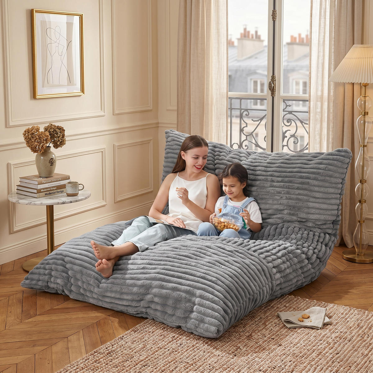 SITZSACK XXL 3-IN-1 aus Kordsamt als Sessel, Sofa und Bett - Hellgrau, Textil (180/25/125cm) - Urban Meuble