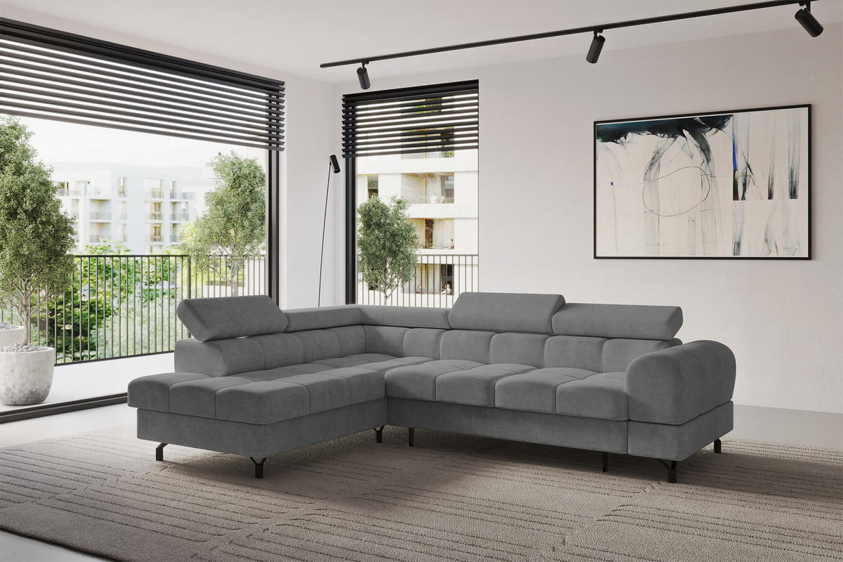 ECKSOFA mit Schlaffunktion Ottomane Links LUMA-L 272x203x70 Grau Velours - Schwarz/Grau, Holzwerkstoff/Kunststoff (272/203cm) - ALTDECOR