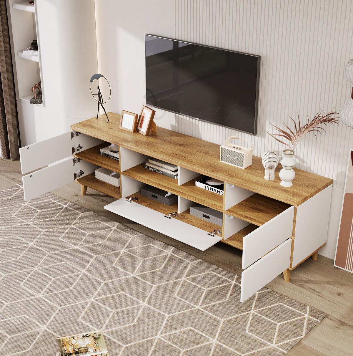 TV-LOWBOARD in Weiß und Holzoptik mit Türen und Fächern 175/37/51 cm - Weiß, Holzwerkstoff (175/51/37cm) - Redom